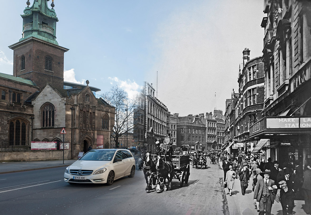 Byward Street (Tower Hill); c.1930. Photographer: George Davison Reid. This photograph shows Byward Street near Tower Hill, looking west with the church of All Hallows by the Tower on the left and the former Mark Lane Underground station on the right. Reid photographed the streets and buildings of London and the activity in them in the 1920s and 1930s.