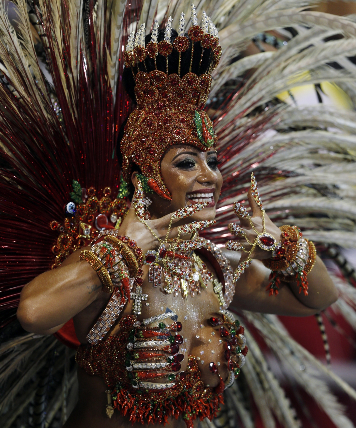 A reveller from the Aguia de Ouro samba school takes part in the second night of the Special Group category of the annual Carnival parade in Sao Paulo's Sambadrome March 2, 2014. A reveller from the Aguia de Ouro samba school takes part in the second night of the Special Group category of the annual Carnival parade in Sao Paulo's Sambadrome March 2, 2014.