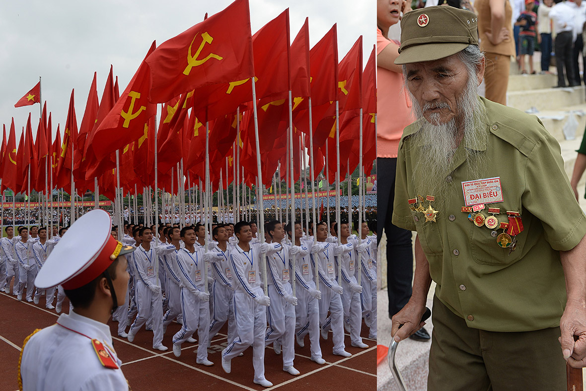 Left: Men holding national and communist flags march during the parade. Right: Dien Bien Phu veteran Bui Hoang Linh, 82, leaves after attending the anniversary celebration flags