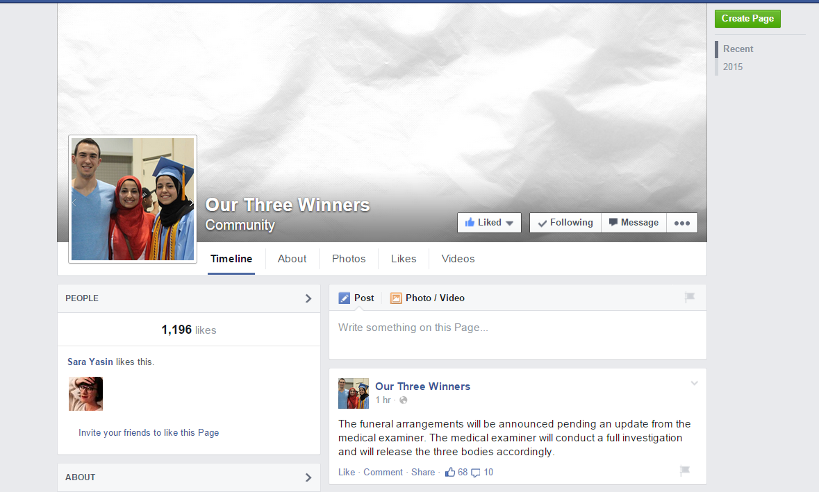 Facebook page Chapel Hill Shooting