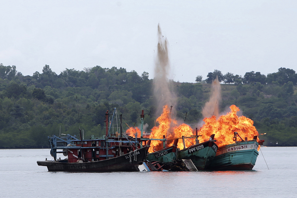 Indonesia blows up foreign boats caught fishing illegally in its waters