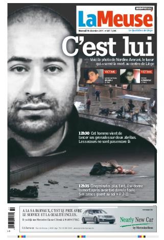 The front cover of Belgian paper LaMeuse with the headline &quot;It&#39;s him&quot; appear to identify killer Nordine Amrani - amrani-cover