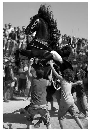 The protagonists of the celebrations of Menorca are, without a doubt,
the elegant Minorcan horses that dance trotting with magnificent
pirouettes and realising traditional “bot” between the people who
encourage them excited and the band who plays for them the popular
melodies of the island.
Montse Balañá Verges, Institut d’Estudis Fotogràfics de Catalunya (I.E.F.C), Spain