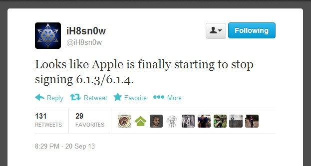 Apple has reportedly stopped signing iOS 6.13/iOS 6.1.4. iOS 6.1.3/iOS 6.1.4