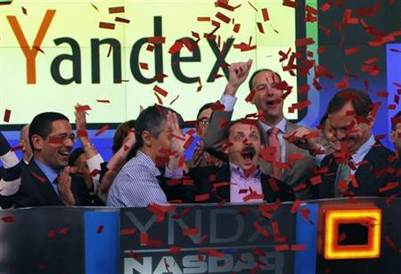Yandex founder and CEO Arkady Volozh celebrates Yandex listing on the Nasdaq exhange in New York