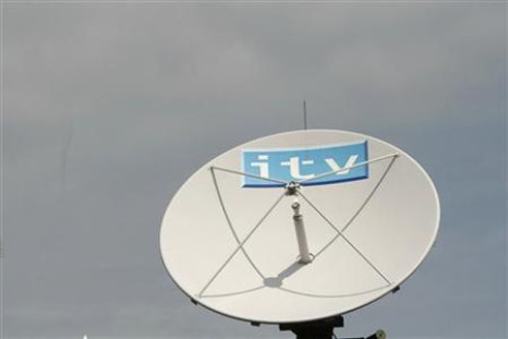 An ITV satellite dish sits on top of the broadcaster's building in London