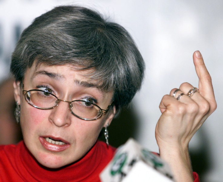 RUSSIAN CORRESPONDENT POLITKOVSKAYA SPEAKS AT A NEWS CONFERENCE IN MOSCOW.