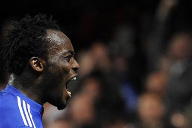 Chelsea&#039;s Essien celebrates scoring against APOEL Nicosia during their Champions League soccer match in London