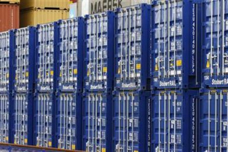 Shipping containers stand in a transport yard near Liverpool
