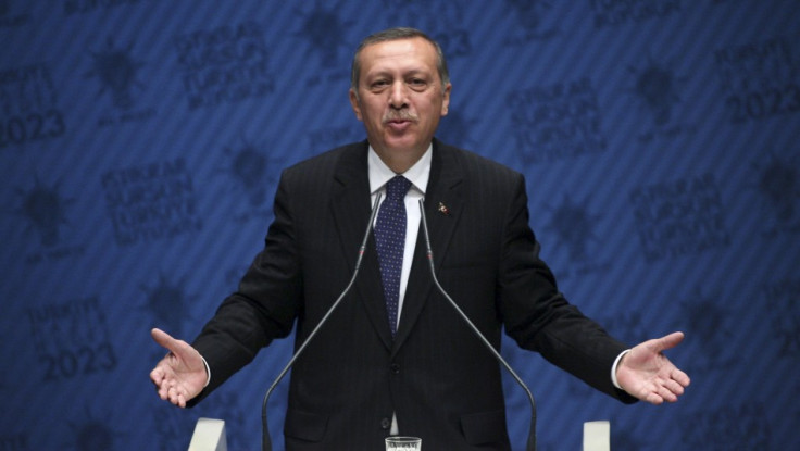 Turkish Prime Minister Erdogan addresses the media at his ruling AKP headquarters in Ankara