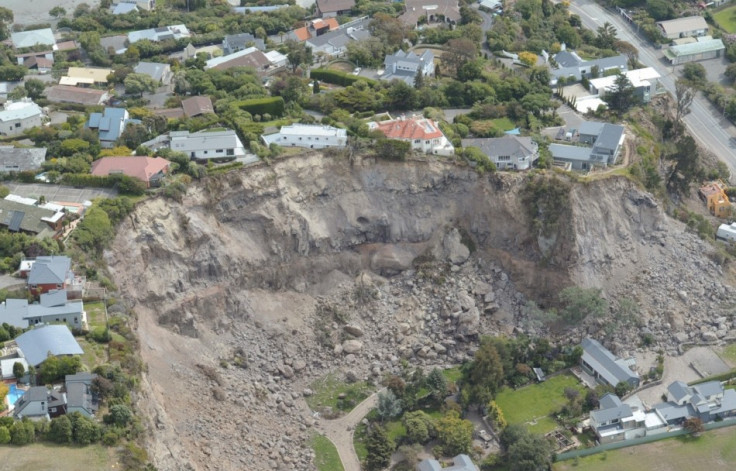 An aerial view shows damage from a landslide caused by the Christchurch earthquake on 22 February 2011.