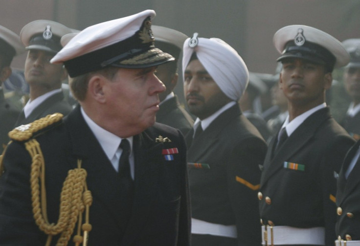 British navy chief Admiral Mark Stanhope inspects a guard of honour during his ceremonial reception in New Delhi