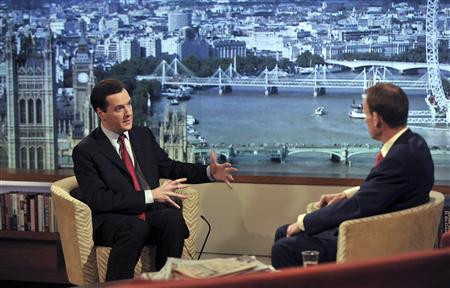 Britain's Finance Minister, George Osborne, speaks during a televised interview in London