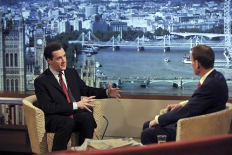 Britain's Finance Minister, George Osborne, speaks during a televised interview in London
