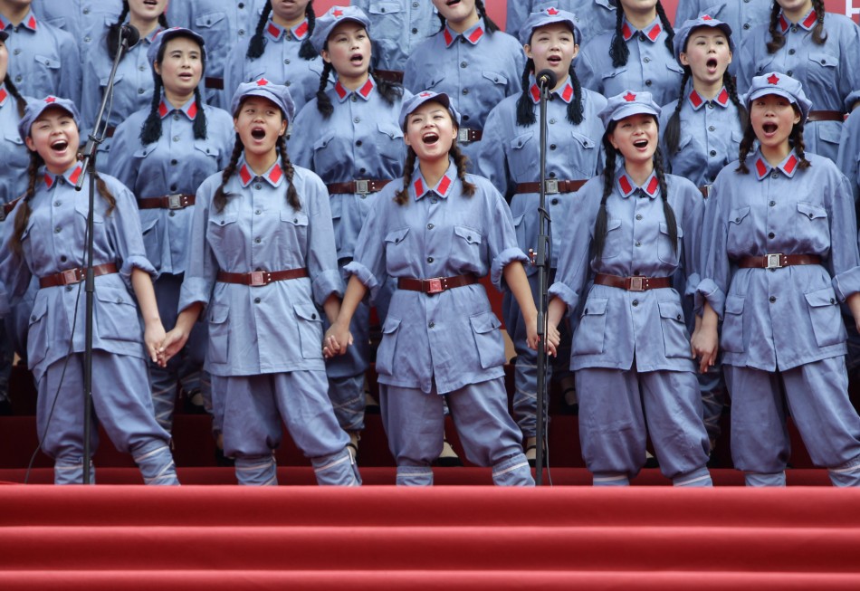 Performers dressed in Red Army uniforms sing in Chongqing municipality