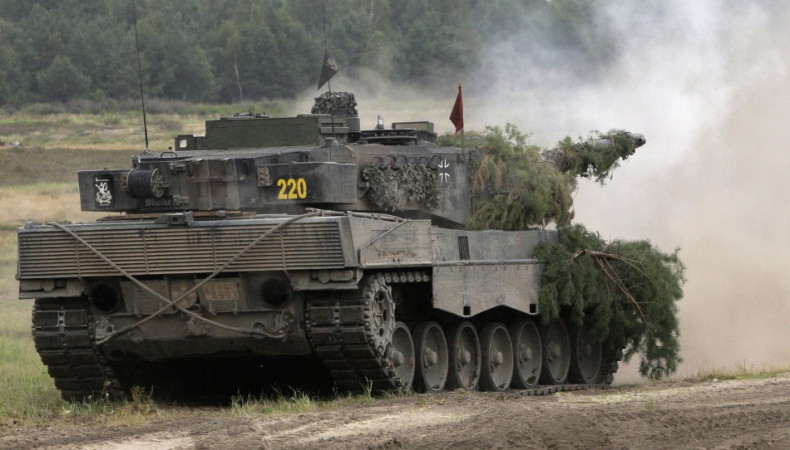 Leopard II battle tank is pictured in action at the Oberlausitz training area in Weisskeissel