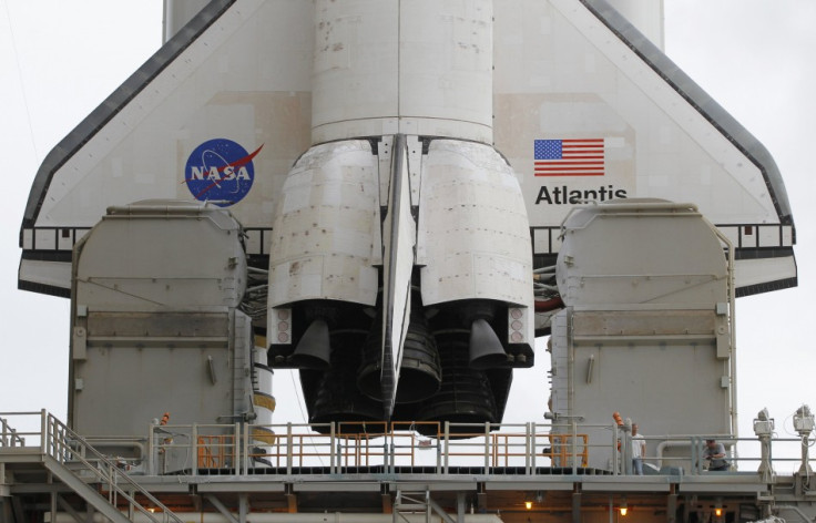 The aft section of space shuttle Atlantis STS-135 is shown after the protective Rotating Service Structure was rolled back on launch pad 39A at the Kennedy Space Center in Cape Canaveral