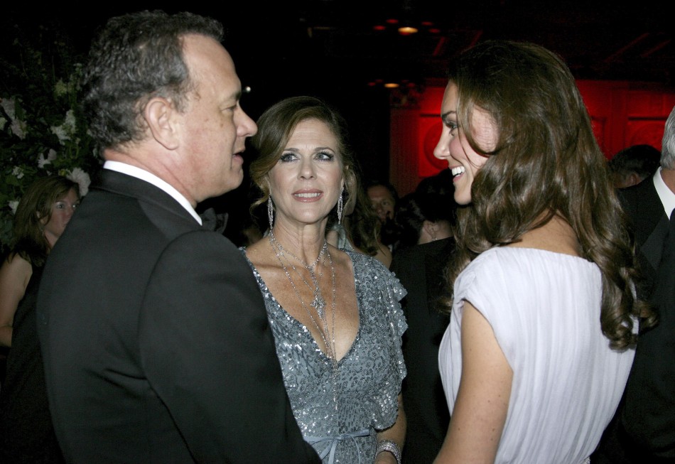 Catherine, Duchess of Cambridge, talks with actress Rita Wilson and her husband actor Tom Hanks at the BAFTA Brits to Watch event in Los Angeles