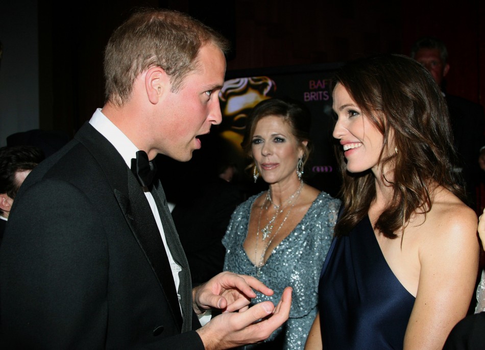 Britains Prince William speaks to actress Jennifer Garner, as actress Rita Wilson watches, at the BAFTA Brits to Watch event in Los Angeles