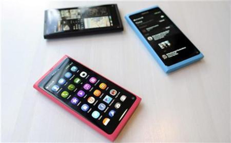 The Nokia N9 smartphone is displayed at a Nokia news conference in Espoo