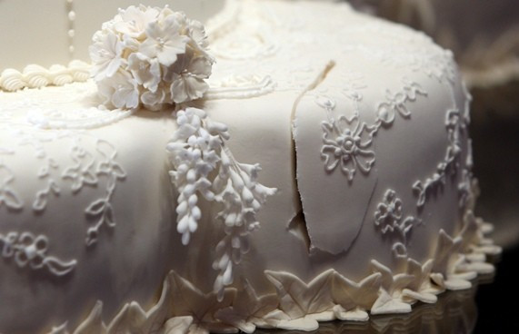 The first cut made in the royal wedding cake by Britain's Prince William and Catherine, Duchess of Cambridge is seen at Buckingham Palace in London The first cut made in the royal wedding cake by Britain's Prince William and Catherine, Duchess of Cambridge is seen at Buckingham Palace in London