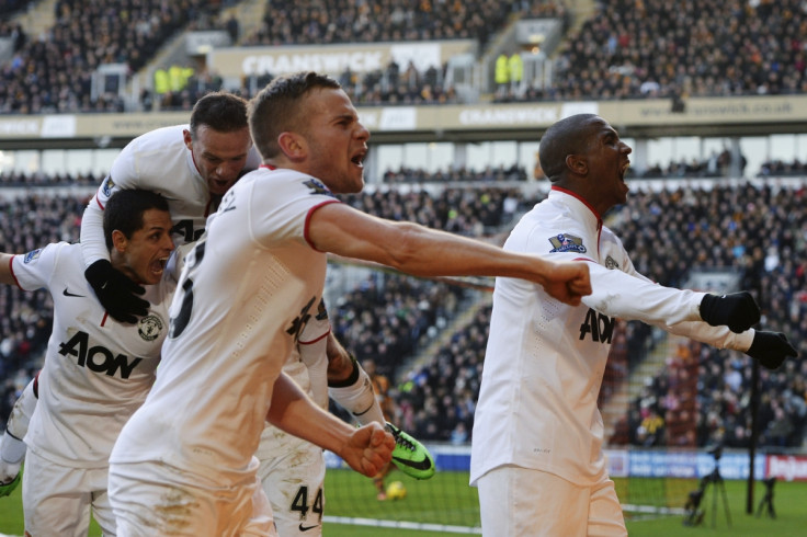 Manchester United celebrate third goal against Hull City