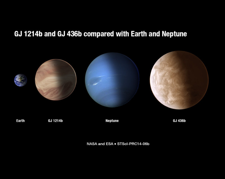 GJ 1214b and another, larger exoplanet compared to Earth and Neptune.