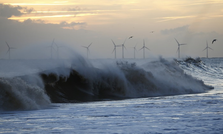 Massive waves crash onto the shore in the east of England.
