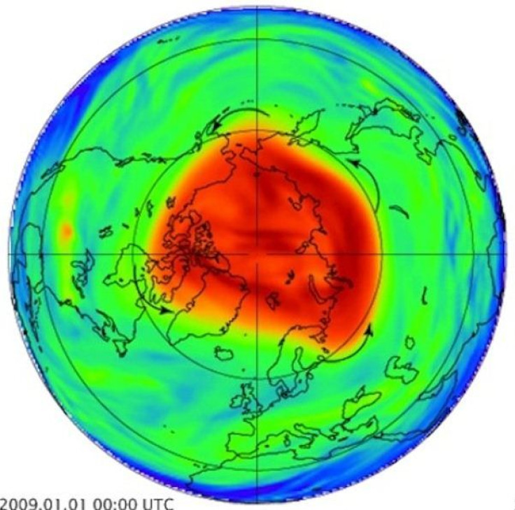 An illustration of the polar vortex in red around the North Pole.