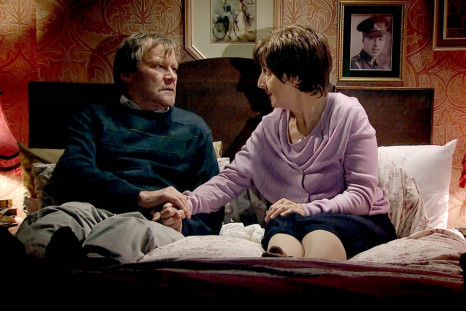 Hayley Cropper (right) with husband Roy shortly before her suicide, which has triggered controversy for Coronation Street