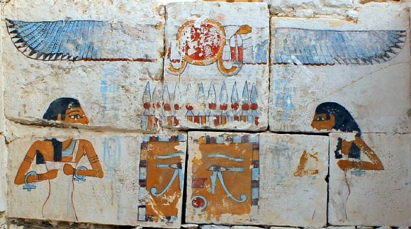 A painted scene of the goddesses Neith and Nut, protecting the canopic shrine of the pharaoh Senebkay