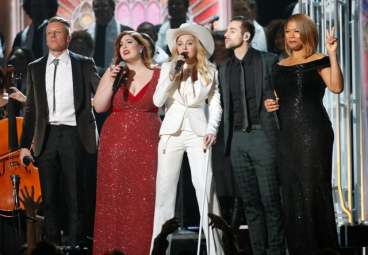 Macklemore, Mary Lambert, Madonna, Ryan Lewis and Queen Latifah (L-R) perform "Same Love" at the 56th annual Grammy Awards