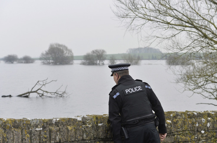 A felled tree lies near where a police officer inspects flooded areas near Muchelney on the Somerset Levels