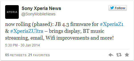 Xperia Z1 and Z Ultra Get New Android 4.3 Performance Update for Display, Wi-Fi and Bluetooth Issues Xperia Z1 and Z Ultra Get New Android 4.3 Performance Update for Display, Wi-Fi and Bluetooth Issues