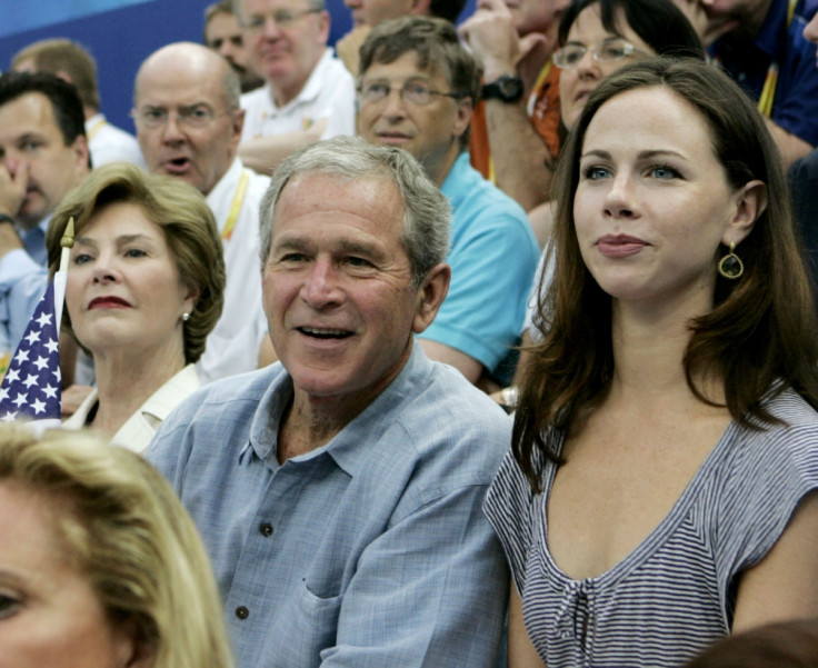 George W Bush with his daughter barbara at the 2008 Beijing Olympics.