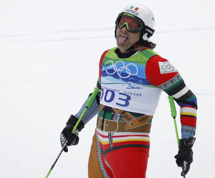 Mexico's Hubertus Von Hohenlohe sticks out his tongue after competing in the men's alpine skiing giant slalom event