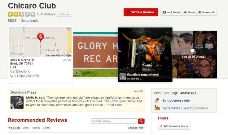 How the Chicarp Club appears on Yelp.com after spoof reviews