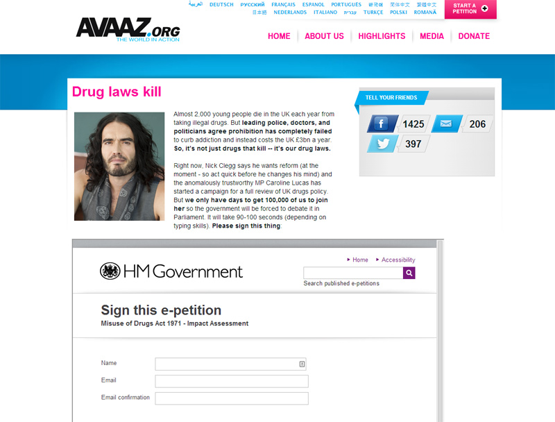Russell Brand is campaigning with Avaaz for UK drug policies to be reformed Russell Brand is campaigning with Avaaz for UK drug policies to be reformed