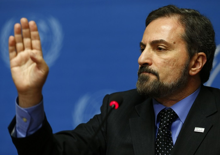 Spokesperson for the Syrian National Coalition Louay Safi addresses a news conference at the UN European headquarters in Geneva.