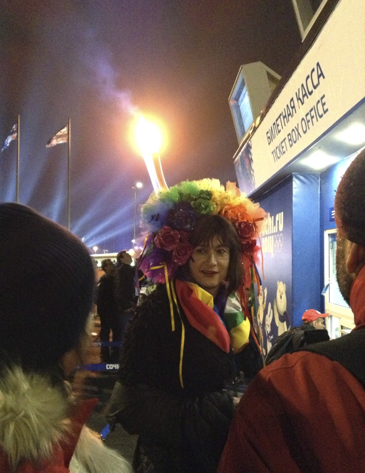 Transgender Vladimir Luxuria obtains a ticket before she was detained for the second time as she attempted to enter a women's ice hockey match in Shayba Arena at the 2014 Sochi Winter Olympics,