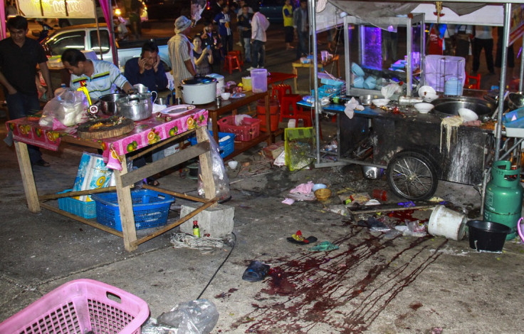 Blood stains are seen at the scene where an explosion took place near the anti-government protest site at Khao Saming district, in Trat province February 22, 2014.