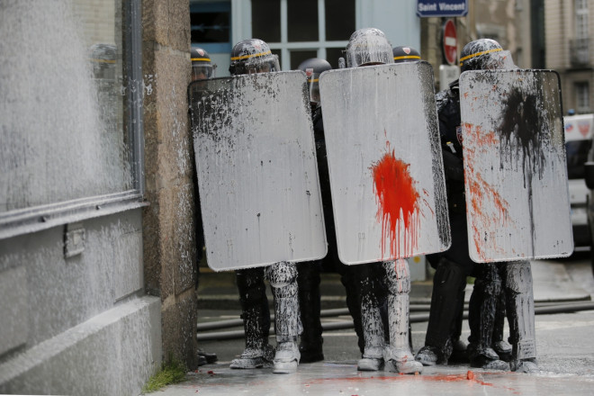 French riot police under attack from paint lobby by environmental activists French riot police under attack from paint lobby by environmental activists