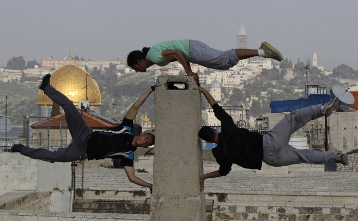 Palestinian youths practice their parkour skills in Jerusalem's Old City
