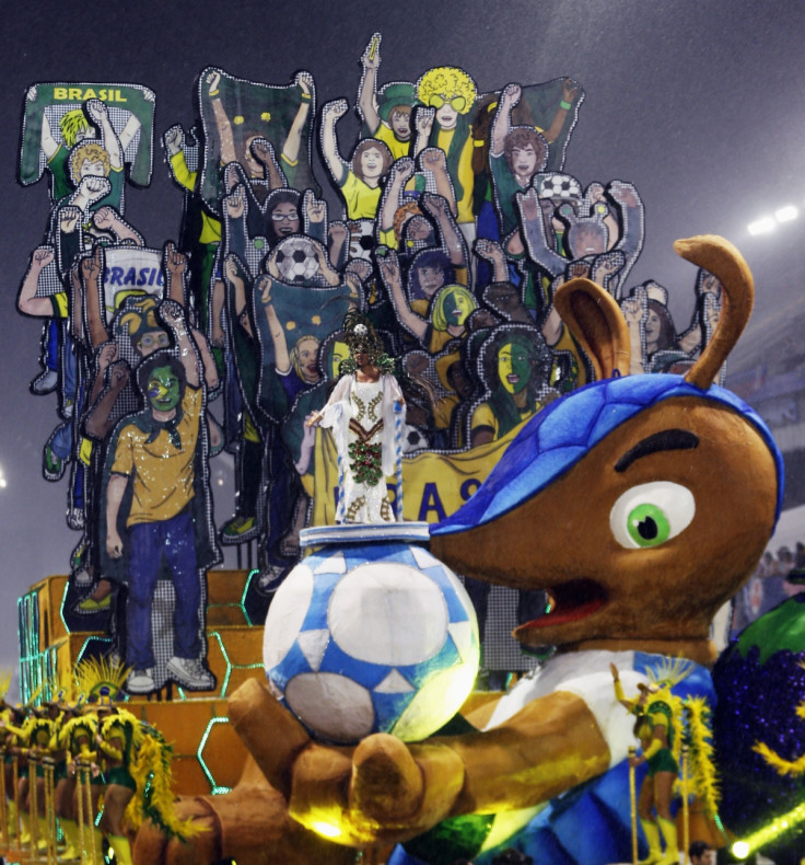 The official mascot of the FIFA 2014 World Cup, Fuleco the Armadillo, is seen in a float of Leandro de Itaquera samba school during the first night of the Special Group of the annual Carnival parade in Sao Paulo's Sambadrome February 28, 2014.