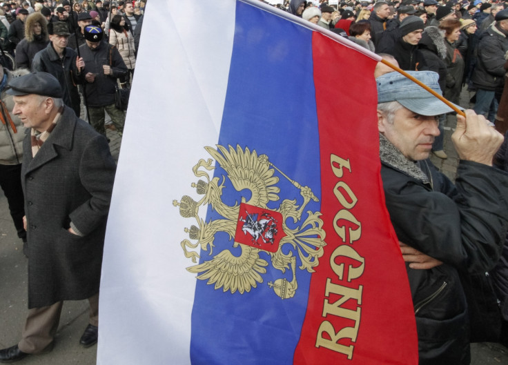 Pro-Russia demonstrators march in Odessa.