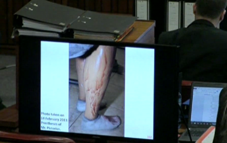 Blood belonging to Reeva Steenkamp on the prosthetic leg of Oscar Pistorius was shown at his murder trial in Pretoria