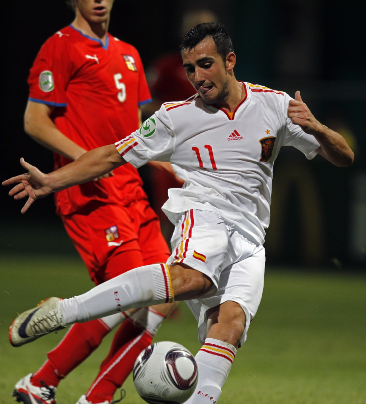 Paco Alcacer of Spain scores the winning goal against the Czech Republic during the UEFA European Under-19 Championship final.