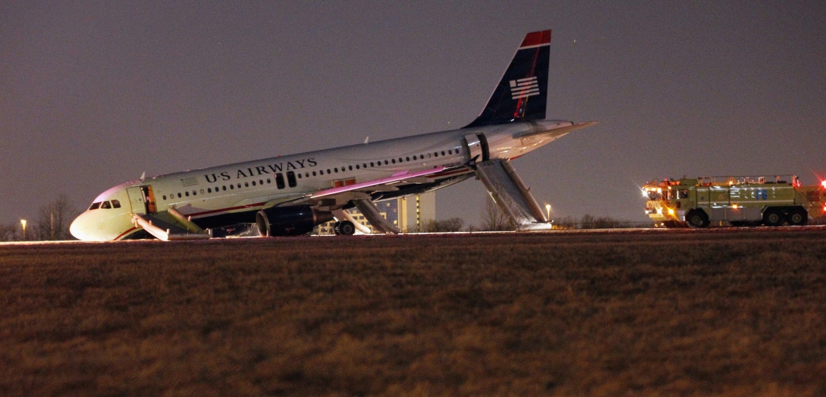 A US Airways plane with a collapsed nose is seen at Philadelphia International Airport