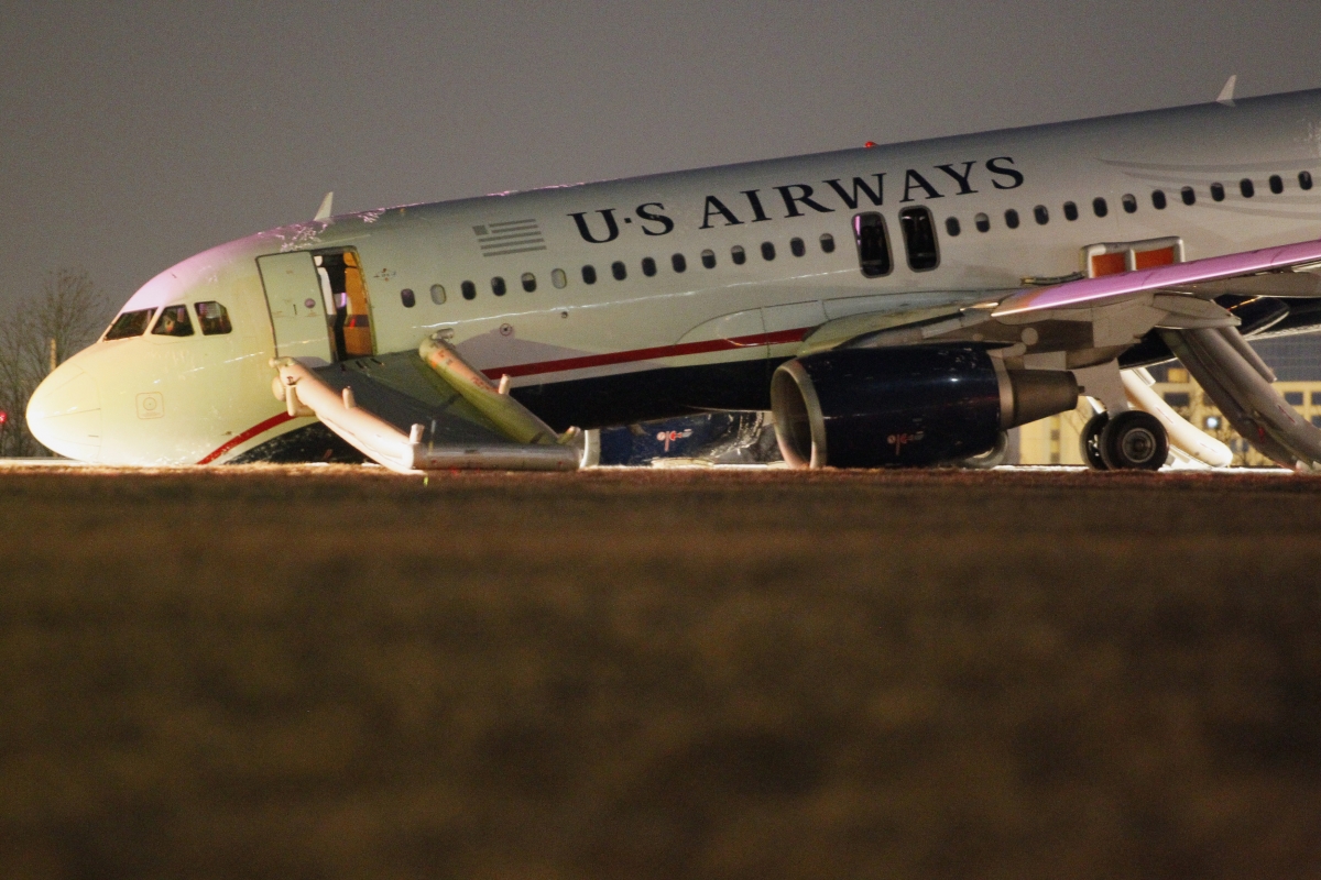 A US Airways plane with a collapsed nose is seen at Philadelphia International Airport