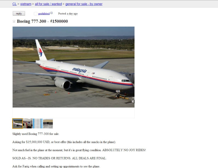 Fake Craigslist ad featuring missing Malaysia airlines flight